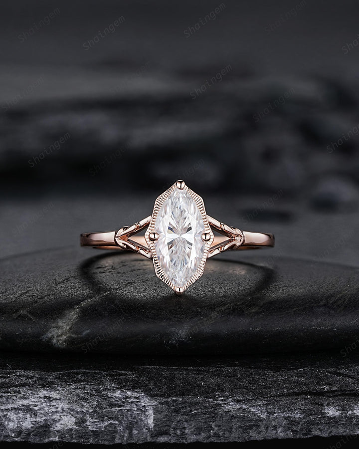 Unique Marquise Cut Moissanite Milgrain Engagement Ring Set, Vintage Split Shank Solitaire Wedding Ring, Nature Inspired Floral Promise Ring - ShainJewelry
