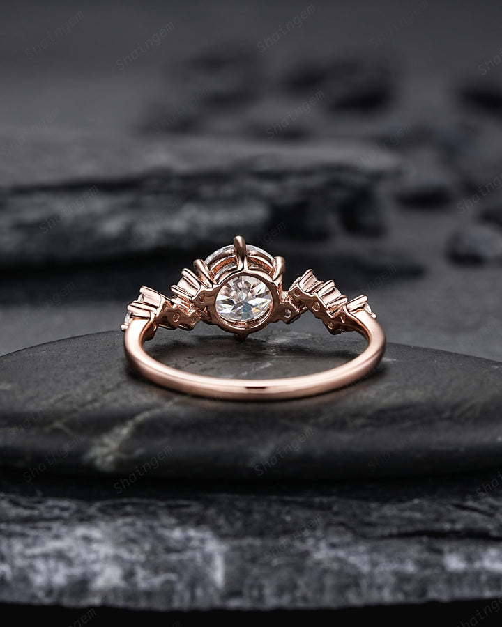 Unique Round Shape Moissanite Cluster Engagement Ring, Vintage Rose Gold Diamond Promise Ring Six Prongs Wedding Anniversary Gift For Women - ShainJewelry