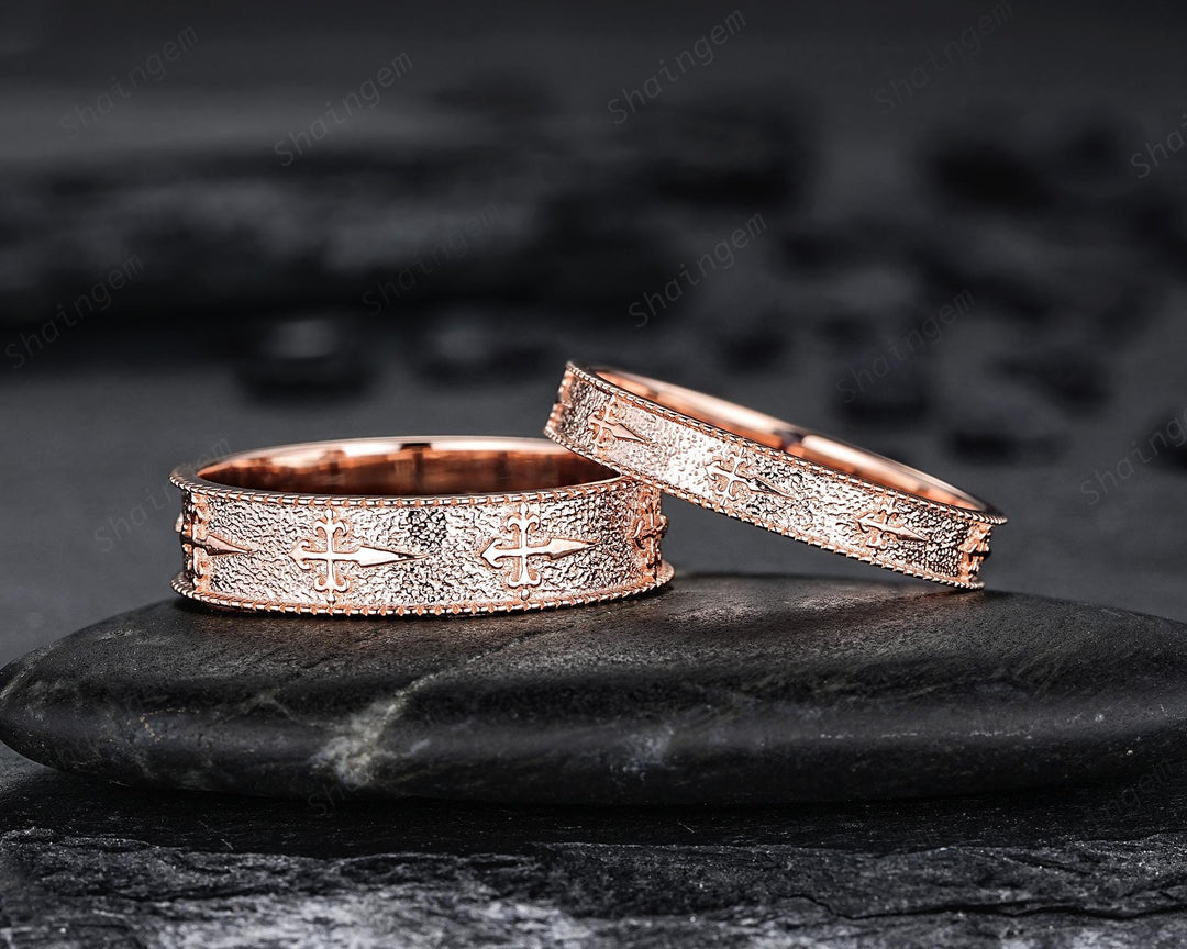 Unique His and Hers St. James Cross Full Eternity Couple Ring Set, Milgrain Rose Gold Wedding Band, Matching Band Engagement Promise Ring - ShainJewelry