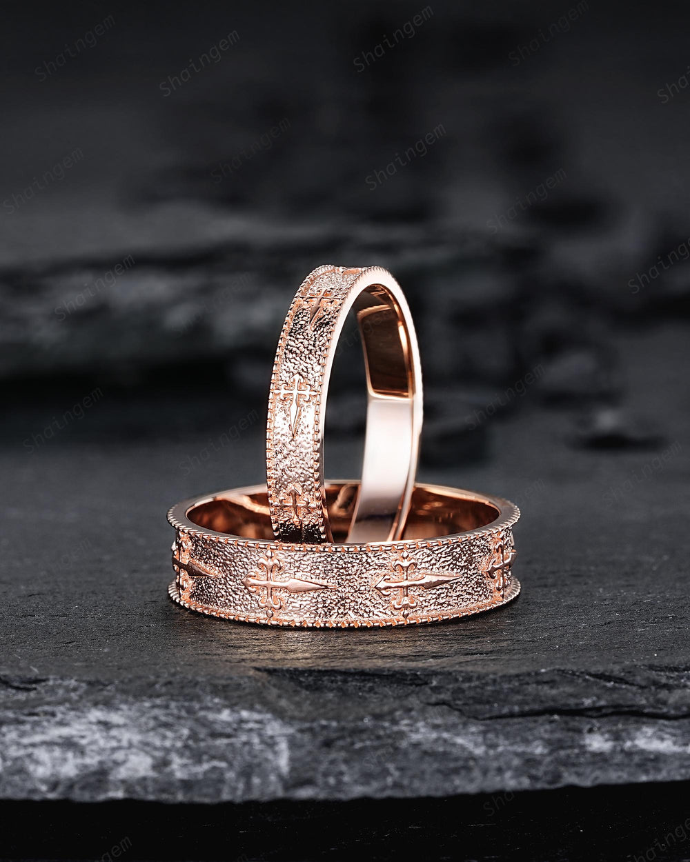 Unique His and Hers St. James Cross Full Eternity Couple Ring Set, Milgrain Rose Gold Wedding Band, Matching Band Engagement Promise Ring - ShainJewelry