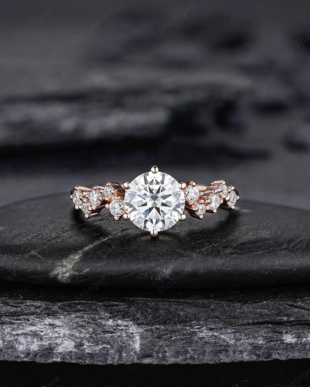 Unique Round Shape Moissanite Cluster Engagement Ring, Vintage Rose Gold Diamond Promise Ring Six Prongs Wedding Anniversary Gift For Women - ShainJewelry