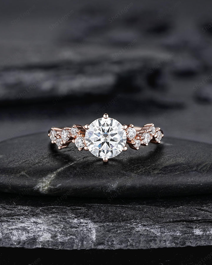 Unique Round Shape Moissanite Cluster Engagement Ring, Vintage Rose Gold Diamond Promise Ring Six Prongs Wedding Anniversary Gift For Women - ShainJewelry