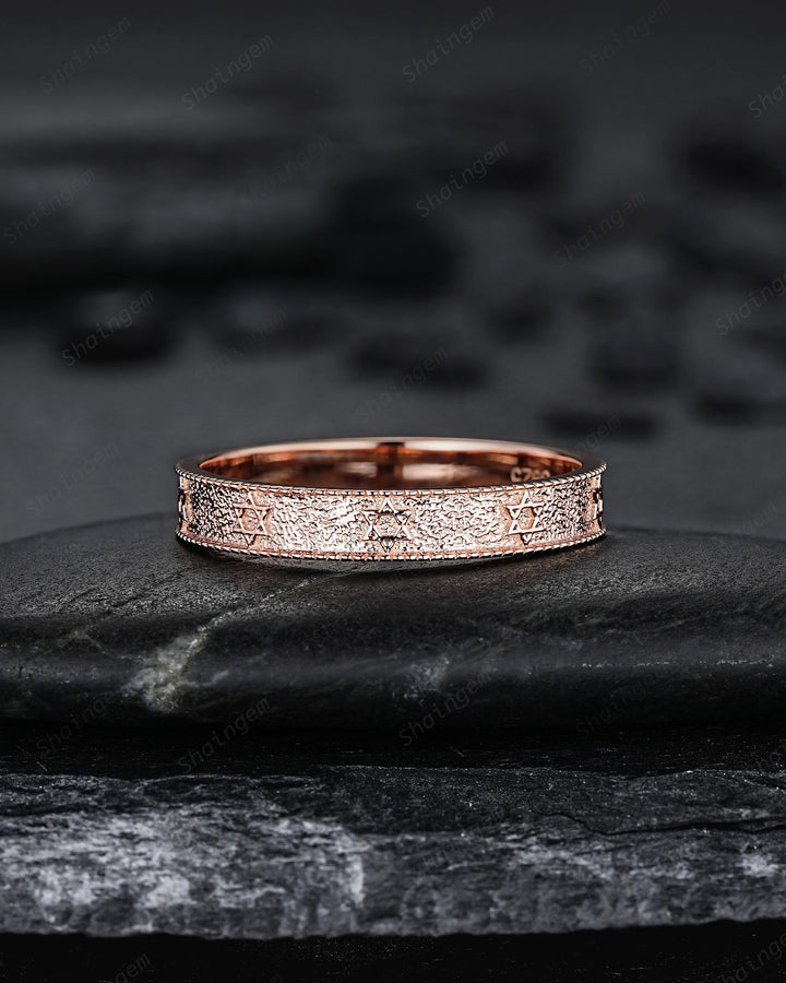 Unique His and Hers Star of David Full Eternity Couple Ring Set, Milgrain Rose Gold Wedding Band, Matching Band Engagement Promise Ring - ShainJewelry