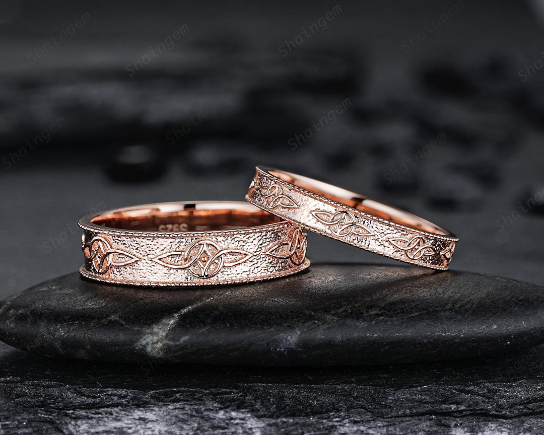 Unique Celtic Knot His and Hers Full Eternity Couple Ring Set, Milgrain Serch Knot Rose Gold Wedding Matching Band Engagement Promise Ring - ShainJewelry
