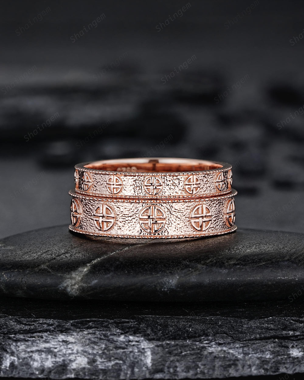 Unique Shield Celtic Knot His and Hers Full Eternity Couple Ring Set, Milgrain Rose Gold Wedding Matching Band Engagement Promise Ring Gift - ShainJewelry