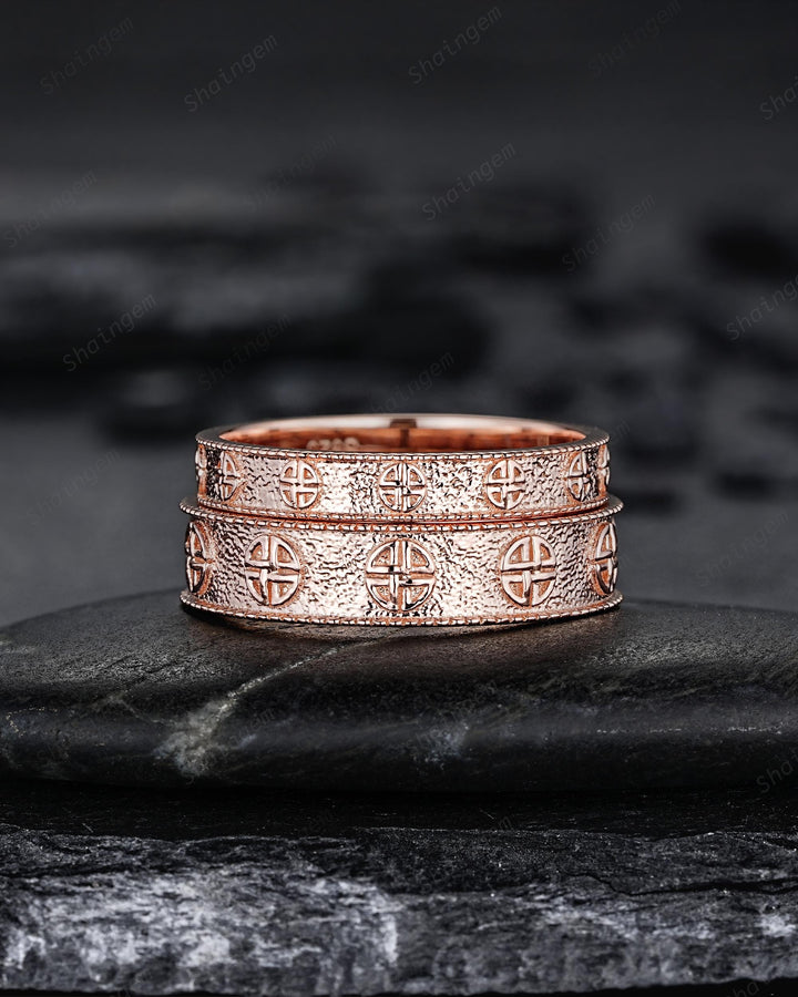Unique Shield Celtic Knot His and Hers Full Eternity Couple Ring Set, Milgrain Rose Gold Wedding Matching Band Engagement Promise Ring Gift - ShainJewelry