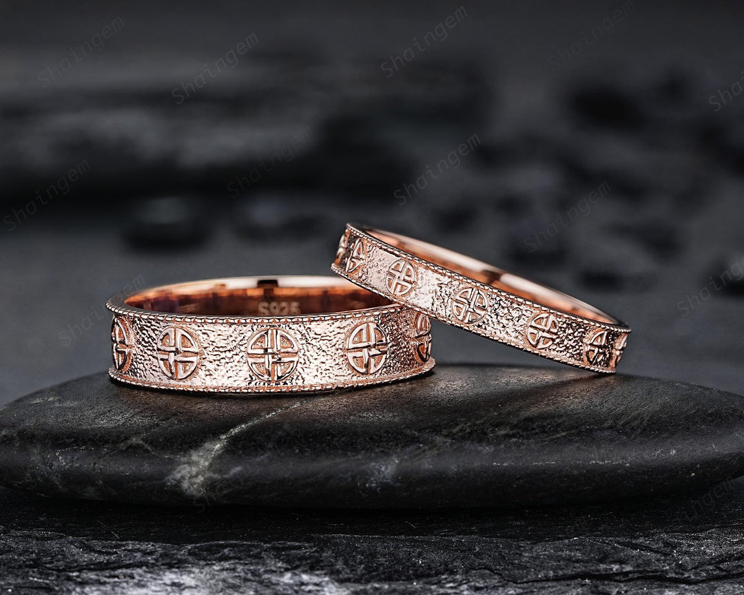 Unique Shield Celtic Knot His and Hers Full Eternity Couple Ring Set, Milgrain Rose Gold Wedding Matching Band Engagement Promise Ring Gift - ShainJewelry