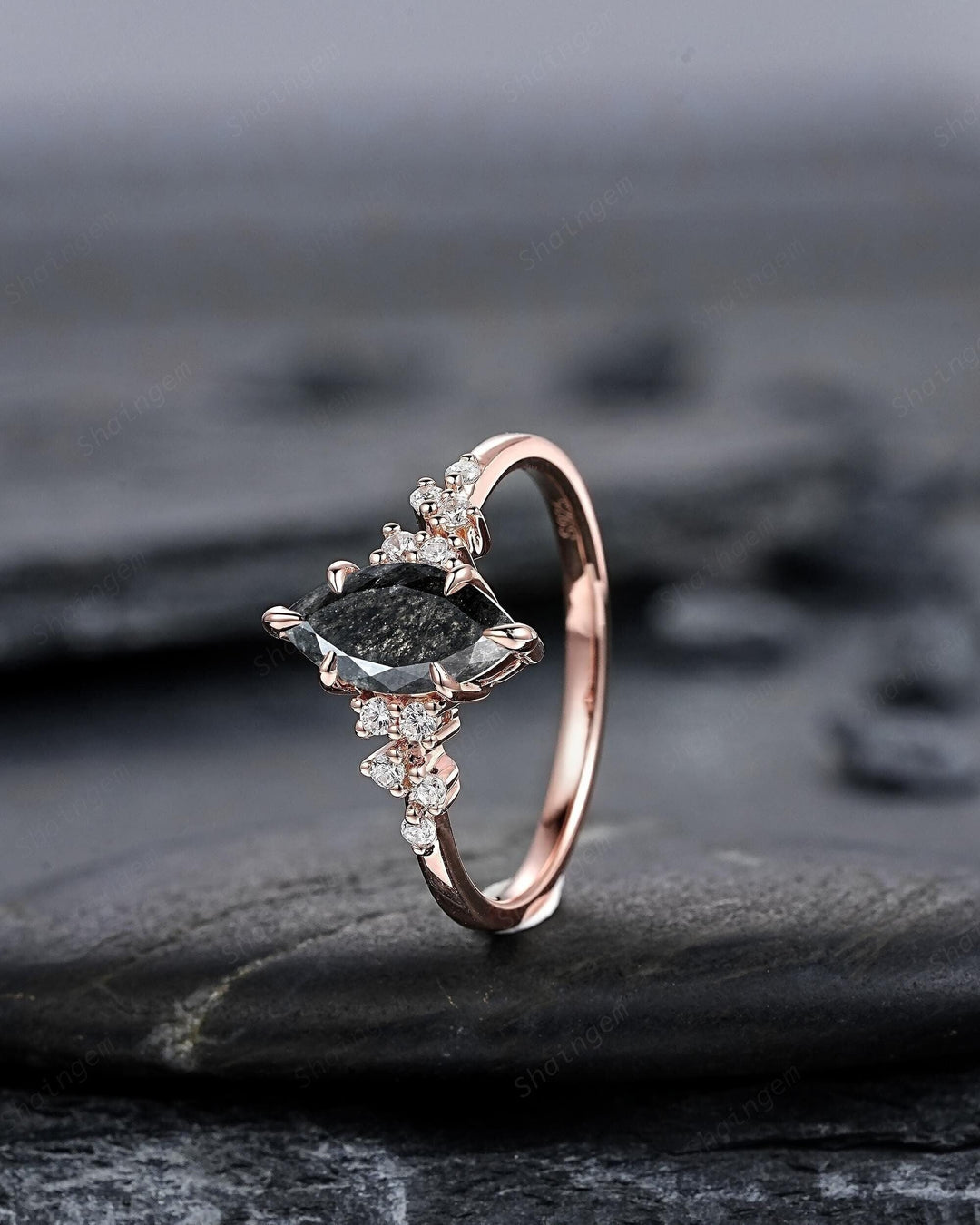 Salt and Pepper Cluster Diamond Engagement Ring,18K Rose Gold Marquise Cut Natural Diamond Promise Ring, Cluster Diamond Ring Gift for women - ShainJewelry