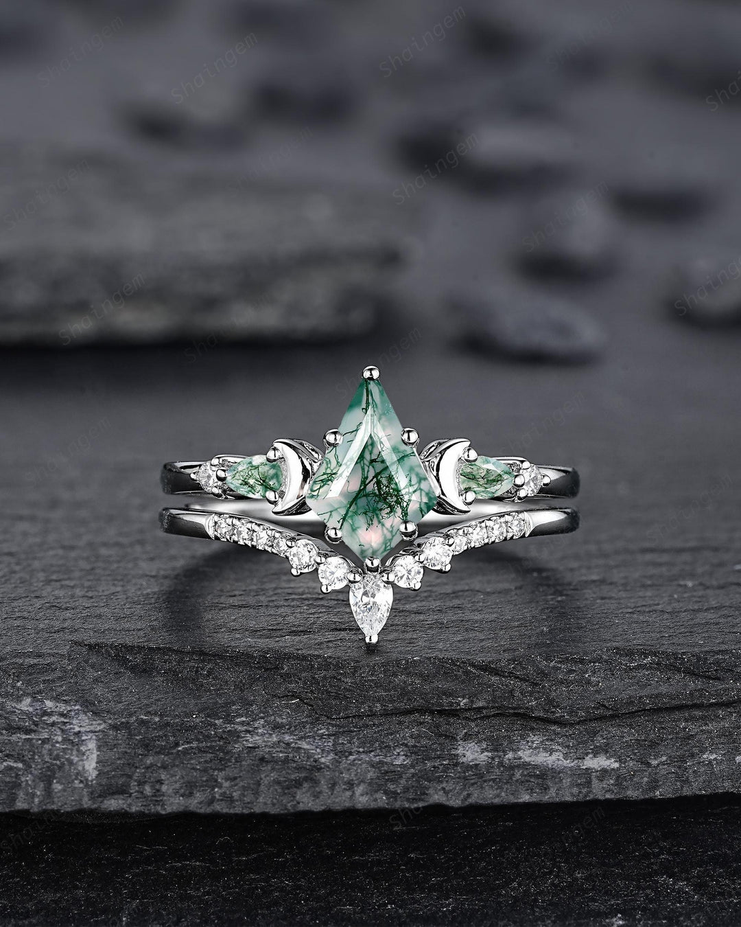 Kite Shape Moss Agate Crescent Engagement Ring Set, Nature Inspired Sterling Silver Moon Wedding Promise Ring Anniversary Gift for Women - ShainJewelry