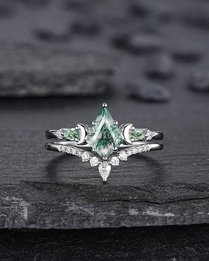 Kite Shape Moss Agate Crescent Engagement Ring Set, Nature Inspired Sterling Silver Moon Wedding Promise Ring Anniversary Gift for Women - ShainJewelry