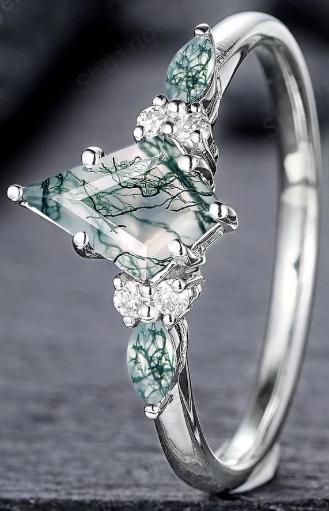 Platinum Kite Shape Moss Agate Engagement Ring Set, White Gold Sterling Silver 925 Green Moss Agate Promise Anniversary Ring Gift for Women - ShainJewelry