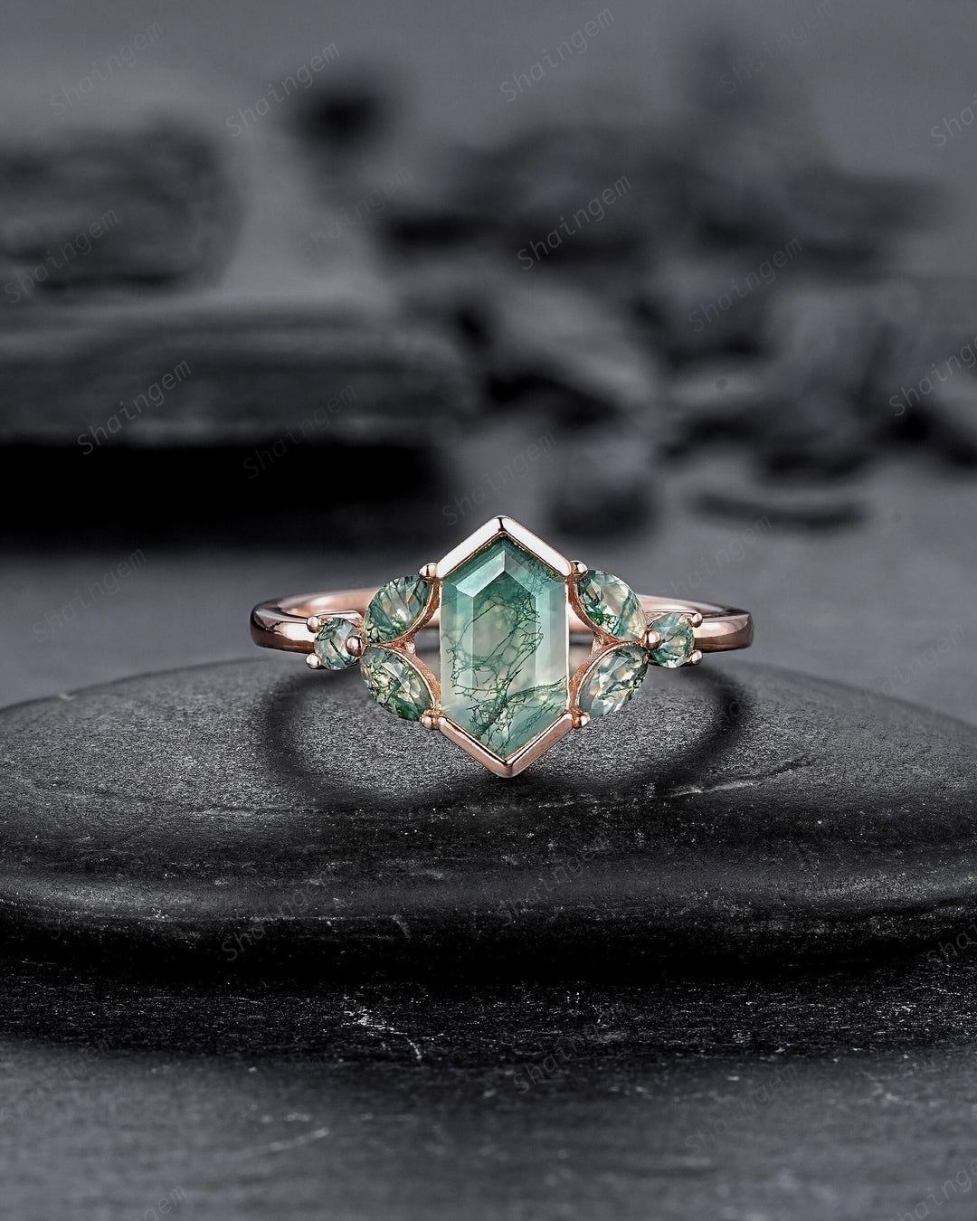 Vintage Hexagon Cut Cluster Moss Agate Engagement Ring, Silver Moss Agate Promise Ring, 14K Rose Gold Wedding Ring Anniversary Gift for her - ShainJewelry