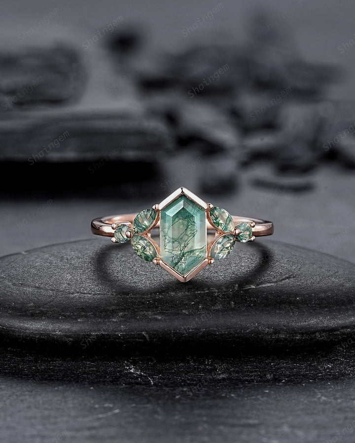 Vintage Hexagon Cut Cluster Moss Agate Engagement Ring, Silver Moss Agate Promise Ring, 14K Rose Gold Wedding Ring Anniversary Gift for her - ShainJewelry