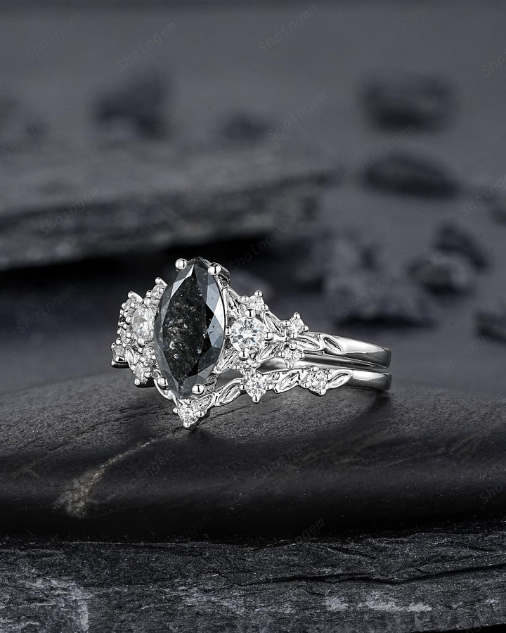 Unique Marquise Cut Salt and Pepper Diamond Engagement Ring, Vintage Leaf Wedding Ring Nature Inspired White Gold Platinum Promise Ring Gift - ShainJewelry