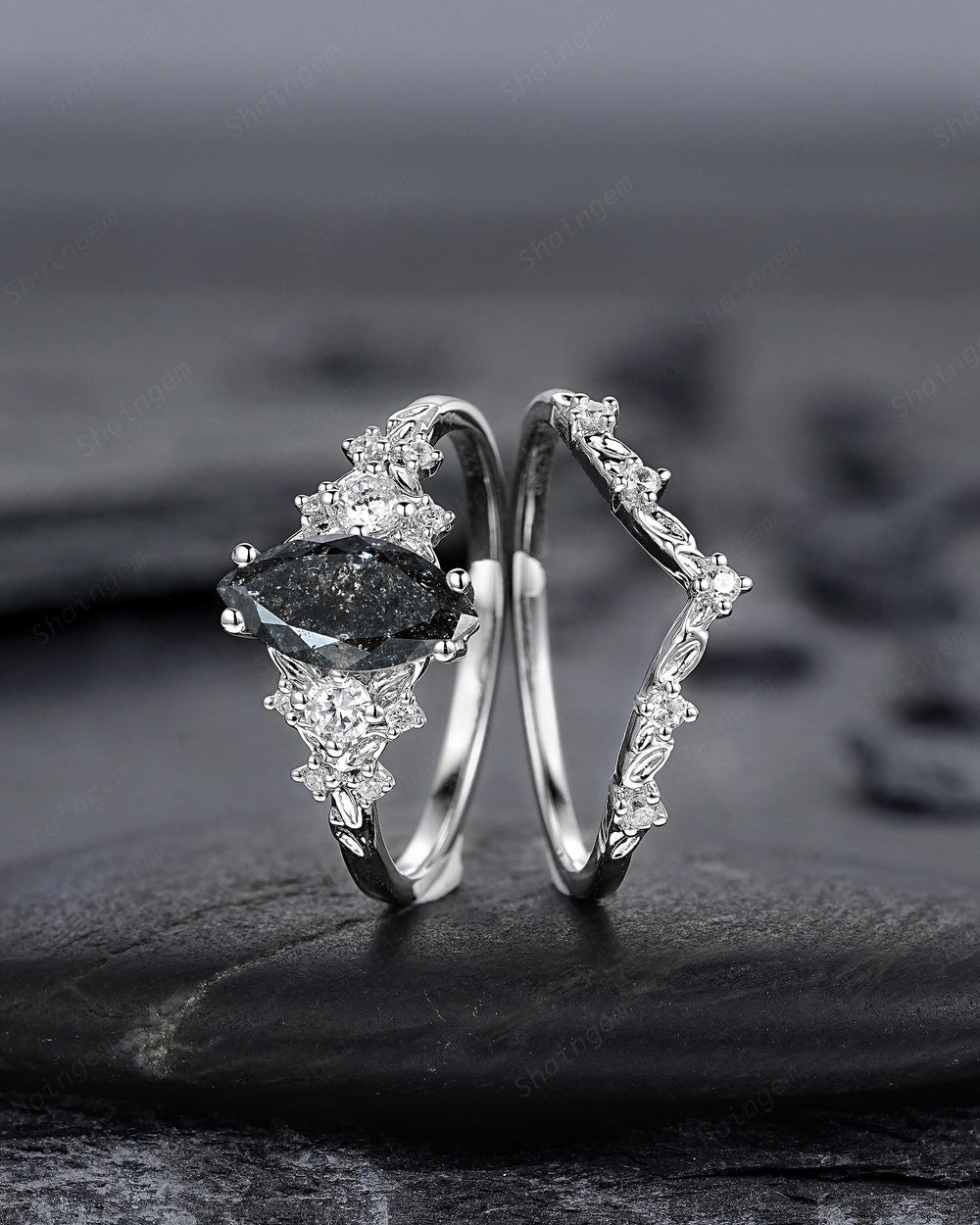 Unique Marquise Cut Salt and Pepper Diamond Engagement Ring, Vintage Leaf Wedding Ring Nature Inspired White Gold Platinum Promise Ring Gift - ShainJewelry