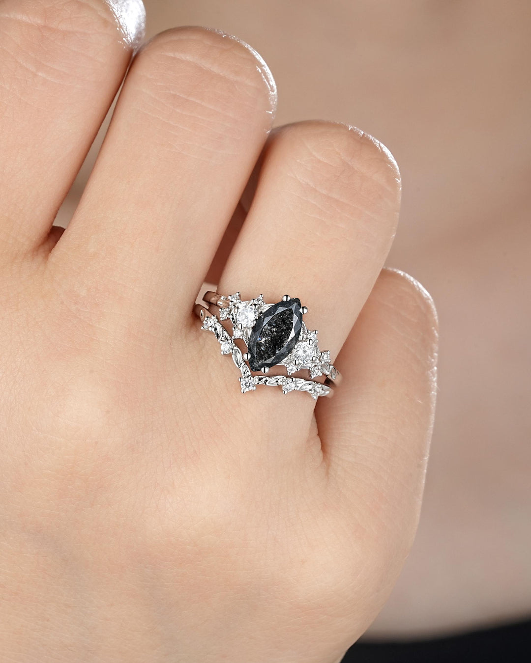 Unique Marquise Cut Salt and Pepper Diamond Engagement Ring, Vintage Leaf Wedding Ring Nature Inspired White Gold Platinum Promise Ring Gift - ShainJewelry
