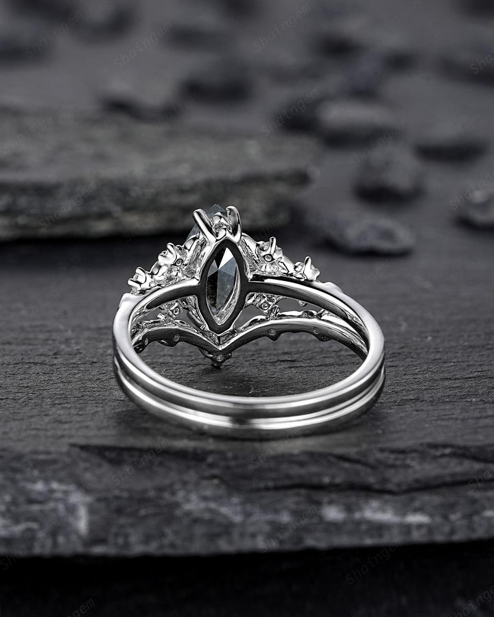 Unique Marquise Cut Salt and Pepper Diamond Engagement Ring, Vintage Leaf Wedding Ring Nature Inspired White Gold Platinum Promise Ring Gift - ShainJewelry
