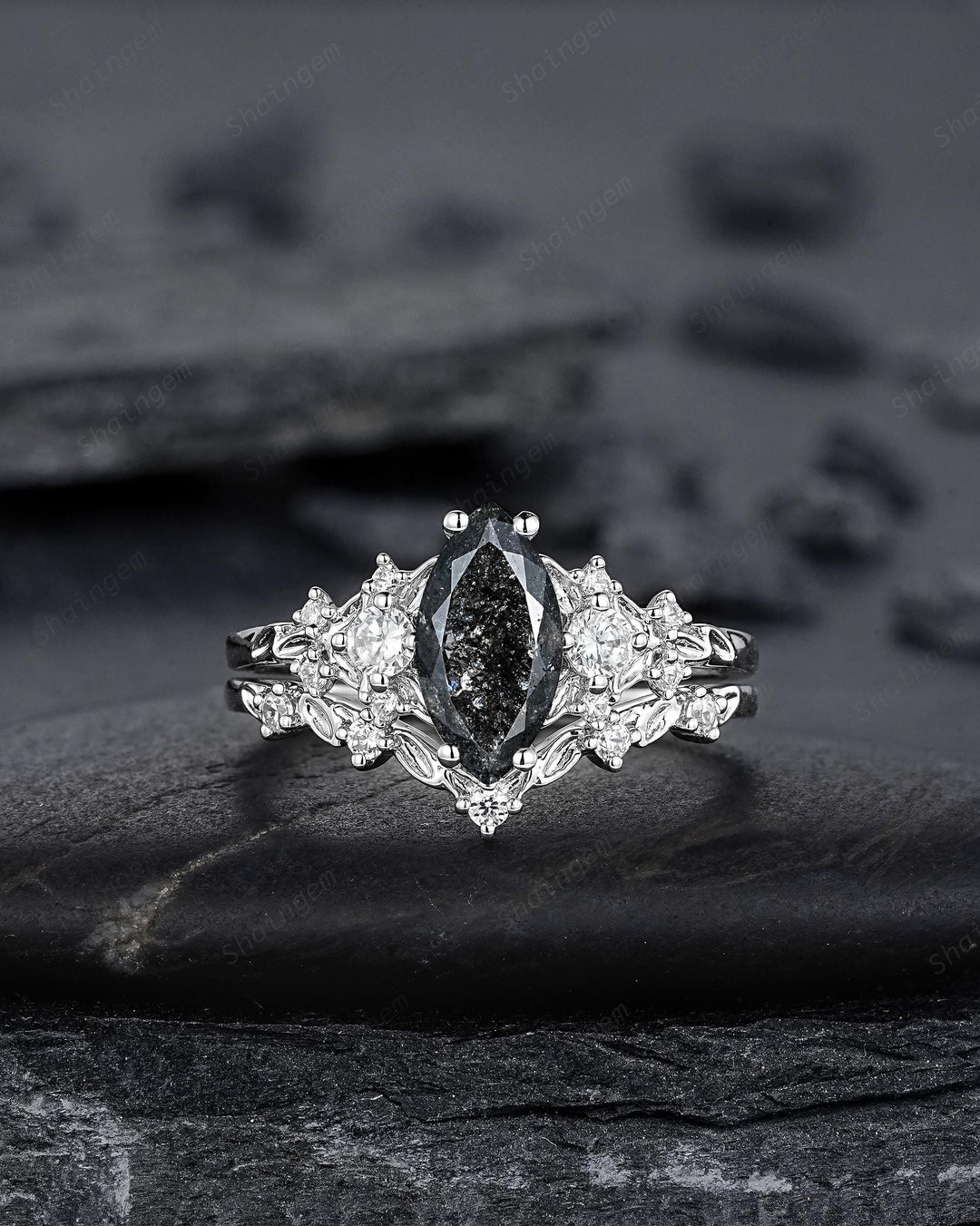Unique Marquise Cut Salt and Pepper Diamond Engagement Ring, Vintage Leaf Wedding Ring Nature Inspired White Gold Platinum Promise Ring Gift - ShainJewelry