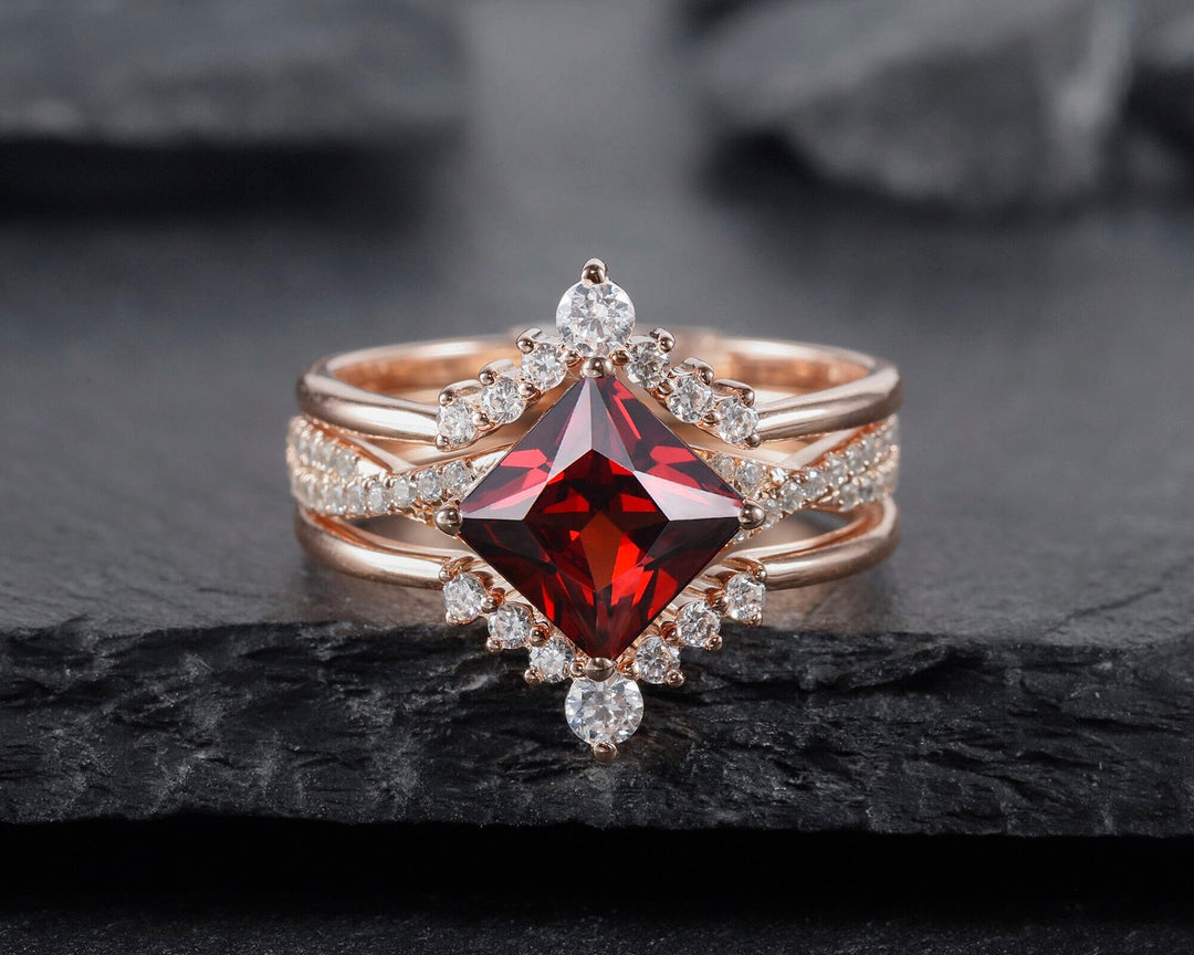 Unique Natural Princess Cut Red Garnet Engagement Ring Set, Vintage Twist Band Halo Wedding Ring 14K Rose Gold Promise Ring for her Women - ShainJewelry
