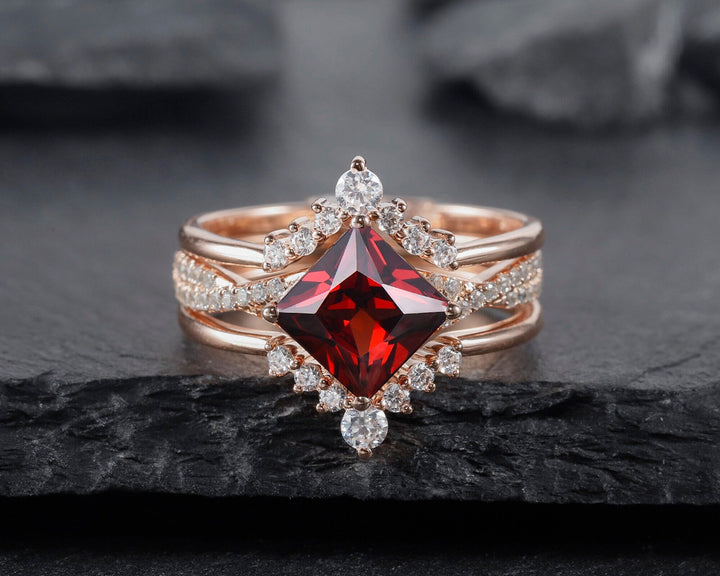 Unique Natural Princess Cut Red Garnet Engagement Ring Set, Vintage Twist Band Halo Wedding Ring 14K Rose Gold Promise Ring for her Women - ShainJewelry