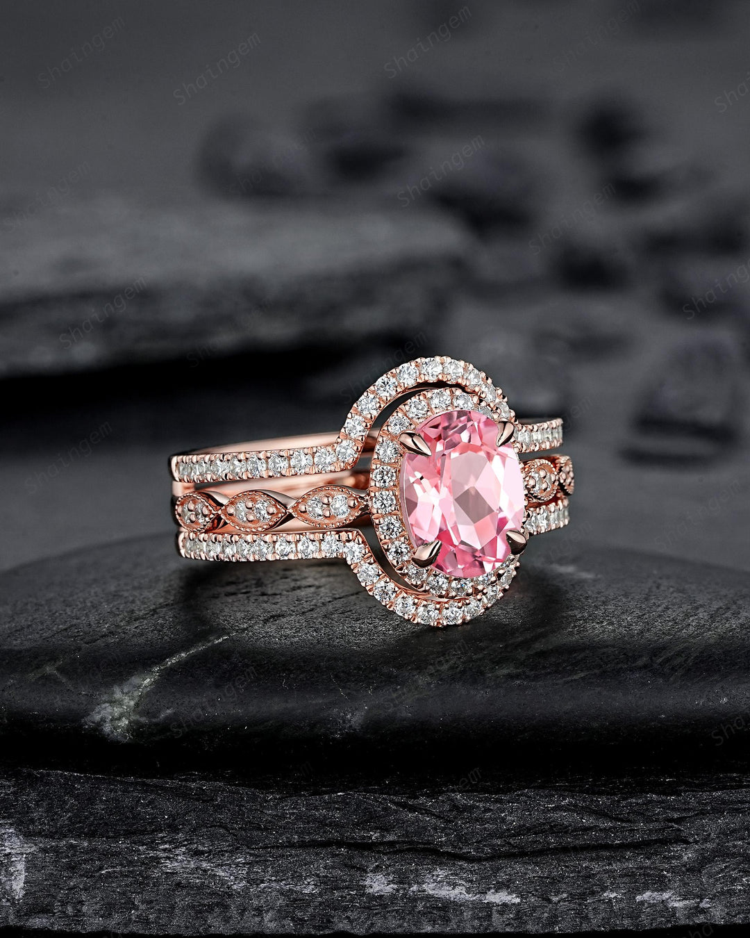 3PCS Oval Cut Pink Sapphire Bridal Set, Ring Guard Spacer Engagement Ring Set, Soldered Band Halo Wedding Ring Rose Gold Promise Ring Women - ShainJewelry
