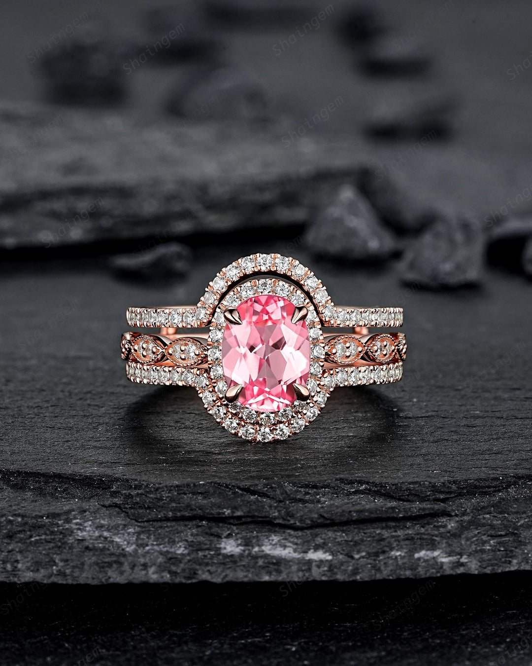 3PCS Oval Cut Pink Sapphire Bridal Set, Ring Guard Spacer Engagement Ring Set, Soldered Band Halo Wedding Ring Rose Gold Promise Ring Women - ShainJewelry
