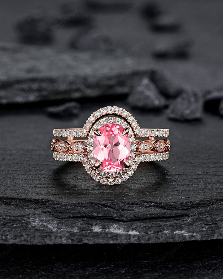 3PCS Oval Cut Pink Sapphire Bridal Set, Ring Guard Spacer Engagement Ring Set, Soldered Band Halo Wedding Ring Rose Gold Promise Ring Women - ShainJewelry