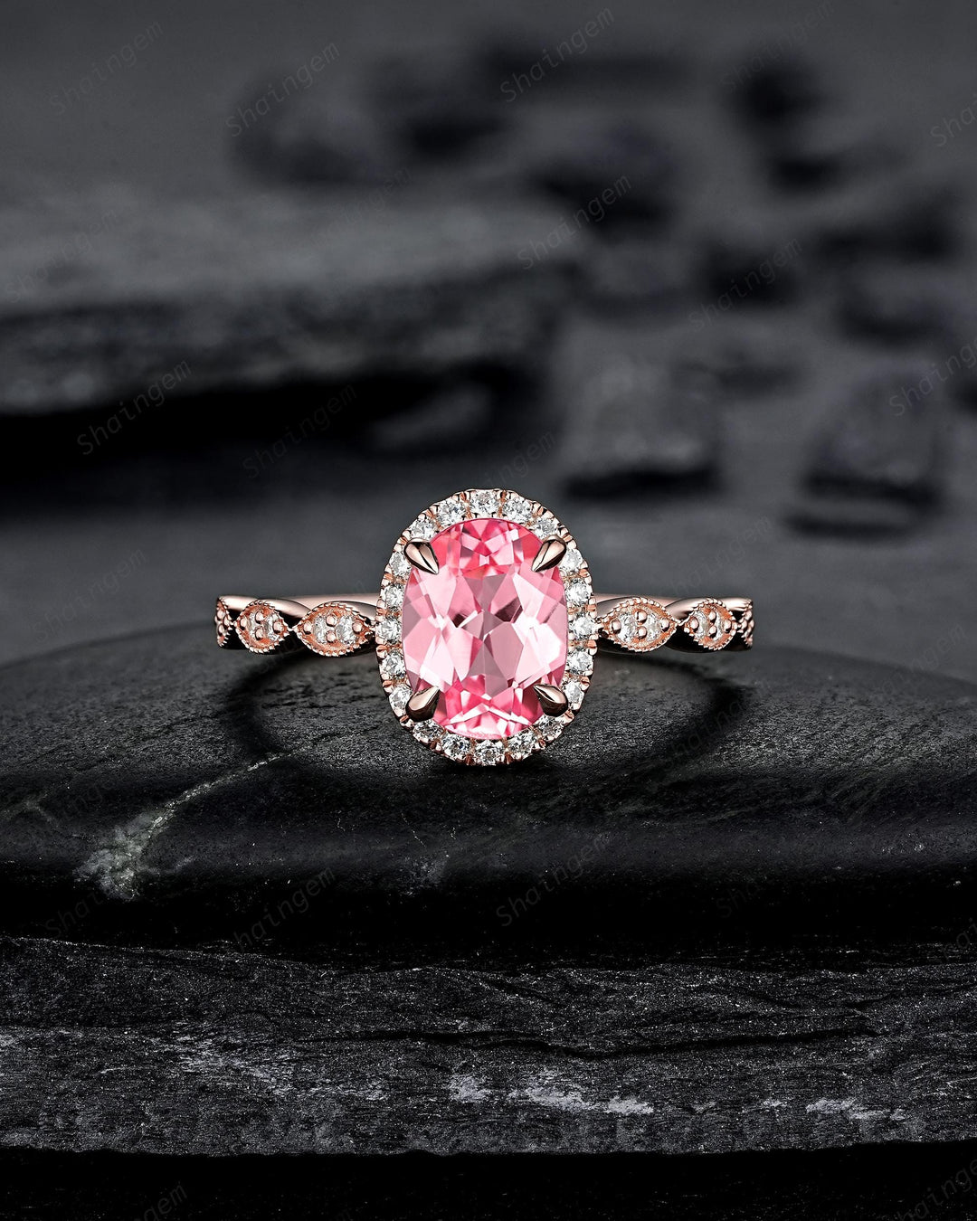 3PCS Oval Cut Pink Sapphire Bridal Set, Ring Guard Spacer Engagement Ring Set, Soldered Band Halo Wedding Ring Rose Gold Promise Ring Women - ShainJewelry