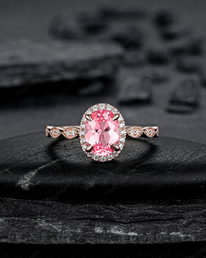 3PCS Oval Cut Pink Sapphire Bridal Set, Ring Guard Spacer Engagement Ring Set, Soldered Band Halo Wedding Ring Rose Gold Promise Ring Women - ShainJewelry