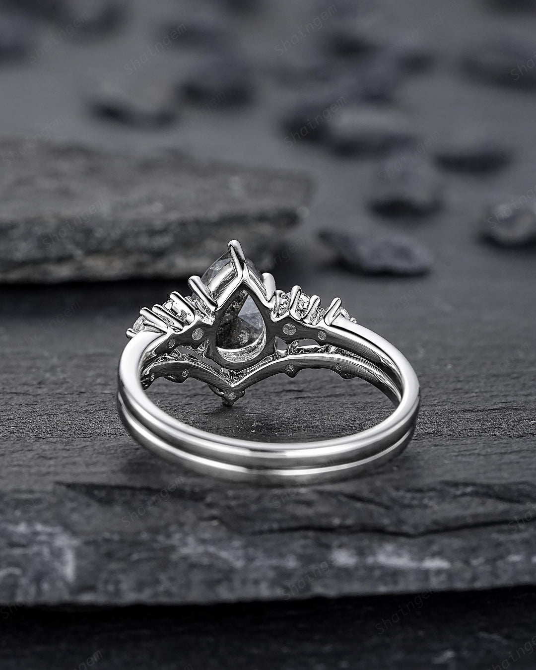 Platinum Pear Shape Natural Salt and Pepper Diamond Engagement Ring Set, White Gold Black Diamond Twig Leaf Five Stone Promise Ring Gift - ShainJewelry