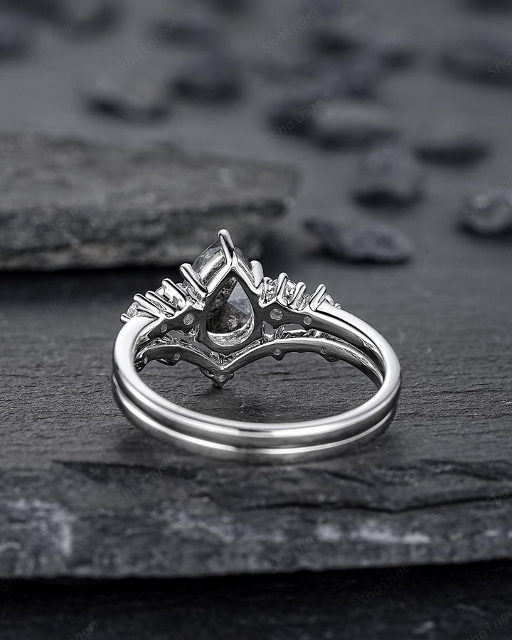 Platinum Pear Shape Natural Salt and Pepper Diamond Engagement Ring Set, White Gold Black Diamond Twig Leaf Five Stone Promise Ring Gift - ShainJewelry