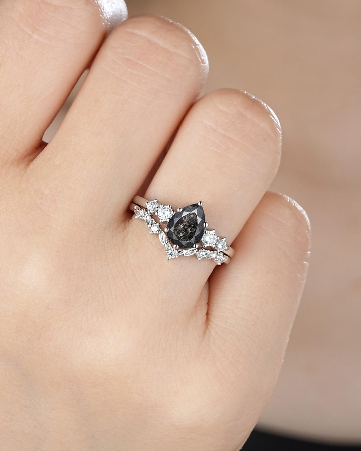 Platinum Pear Shape Natural Salt and Pepper Diamond Engagement Ring Set, White Gold Black Diamond Twig Leaf Five Stone Promise Ring Gift - ShainJewelry