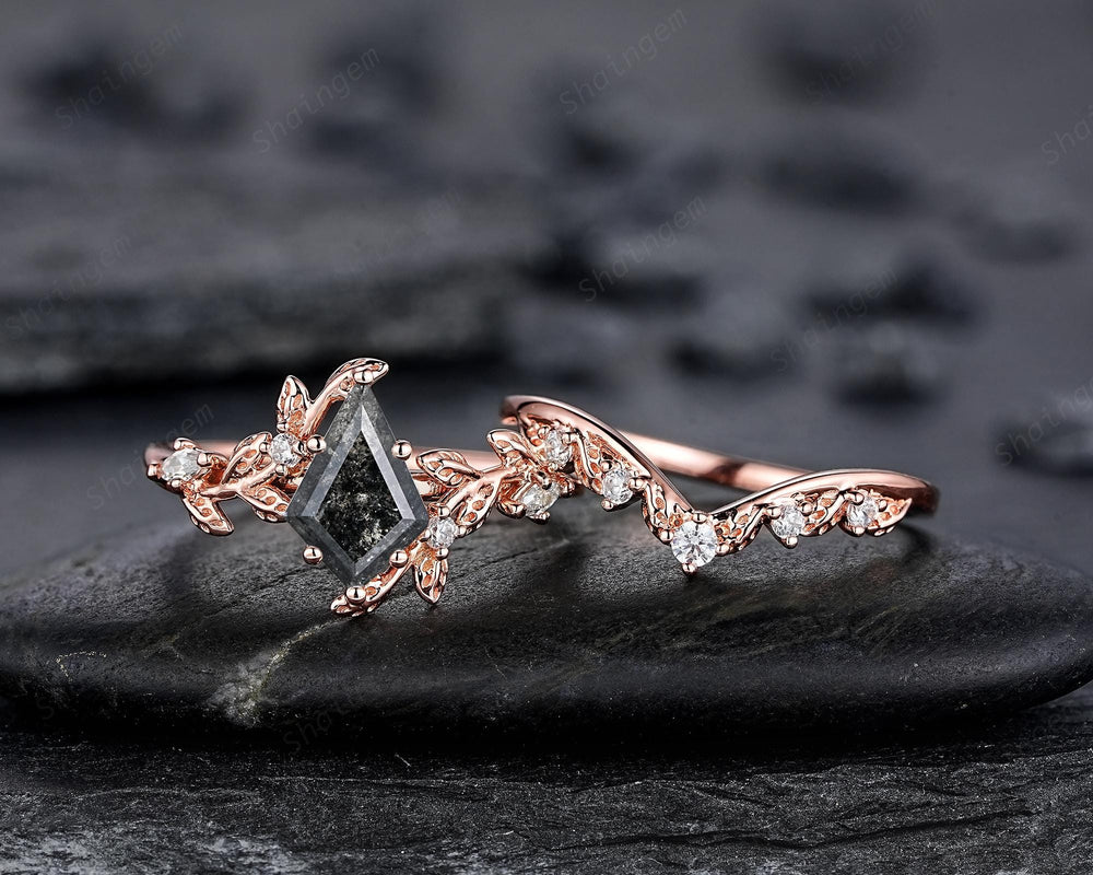 Natural Salt and Pepper Diamond Vine Engagement Ring Set, Rose Gold Kite Cut Natural Black Diamond Twig Promise Ring, Leaf Anniversary Ring - ShainJewelry
