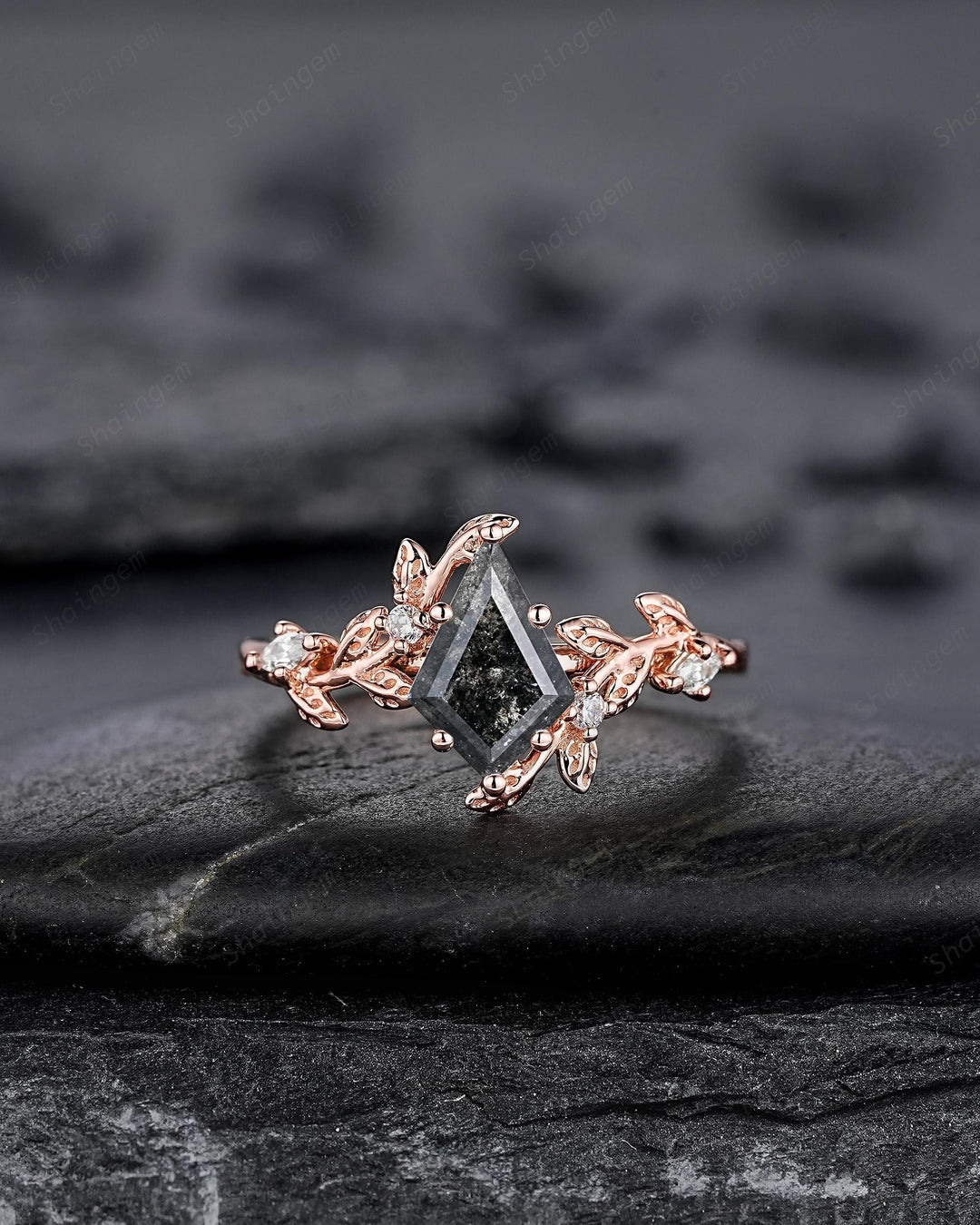 Natural Salt and Pepper Diamond Vine Engagement Ring Set, Rose Gold Kite Cut Natural Black Diamond Twig Promise Ring, Leaf Anniversary Ring - ShainJewelry