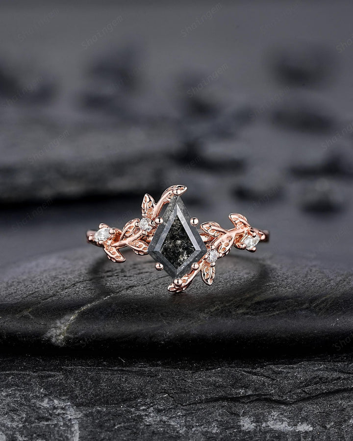 Natural Salt and Pepper Diamond Vine Engagement Ring Set, Rose Gold Kite Cut Natural Black Diamond Twig Promise Ring, Leaf Anniversary Ring - ShainJewelry