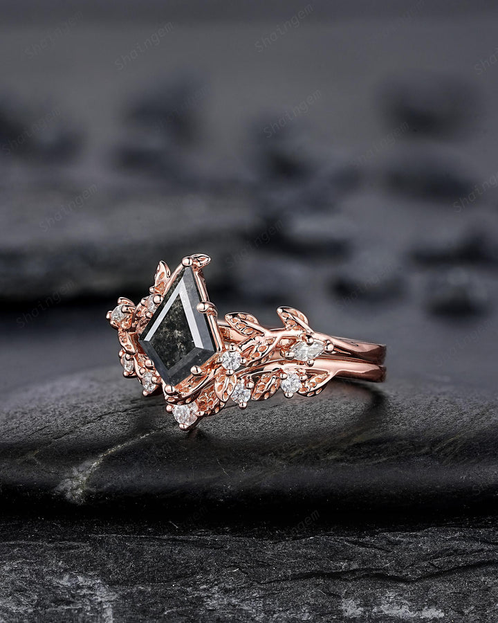 Natural Salt and Pepper Diamond Vine Engagement Ring Set, Rose Gold Kite Cut Natural Black Diamond Twig Promise Ring, Leaf Anniversary Ring - ShainJewelry