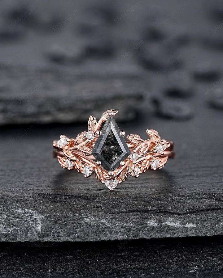 Natural Salt and Pepper Diamond Vine Engagement Ring Set, Rose Gold Kite Cut Natural Black Diamond Twig Promise Ring, Leaf Anniversary Ring - ShainJewelry