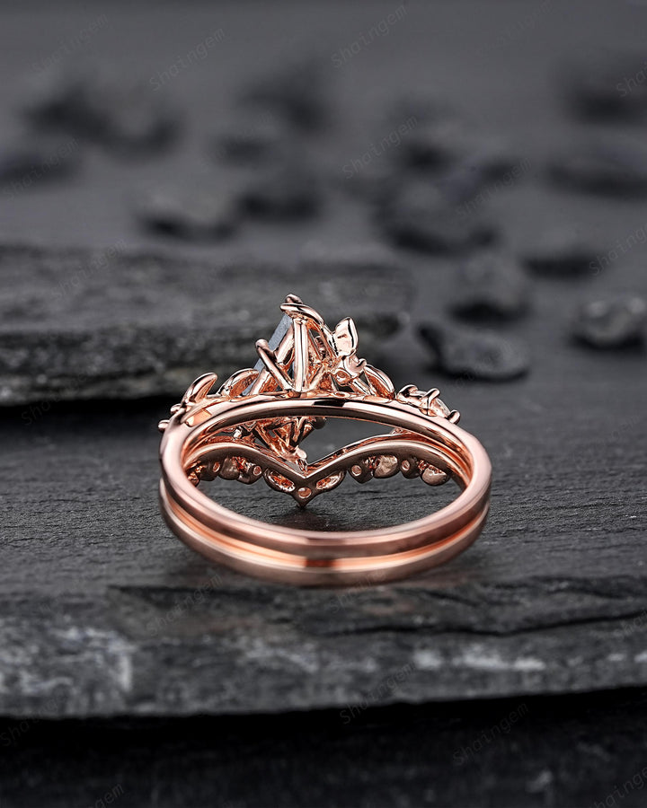 Natural Salt and Pepper Diamond Vine Engagement Ring Set, Rose Gold Kite Cut Natural Black Diamond Twig Promise Ring, Leaf Anniversary Ring - ShainJewelry