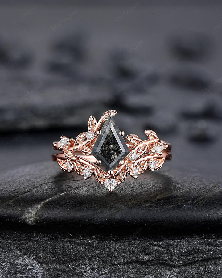 Natural Salt and Pepper Diamond Vine Engagement Ring Set, Rose Gold Kite Cut Natural Black Diamond Twig Promise Ring, Leaf Anniversary Ring - ShainJewelry