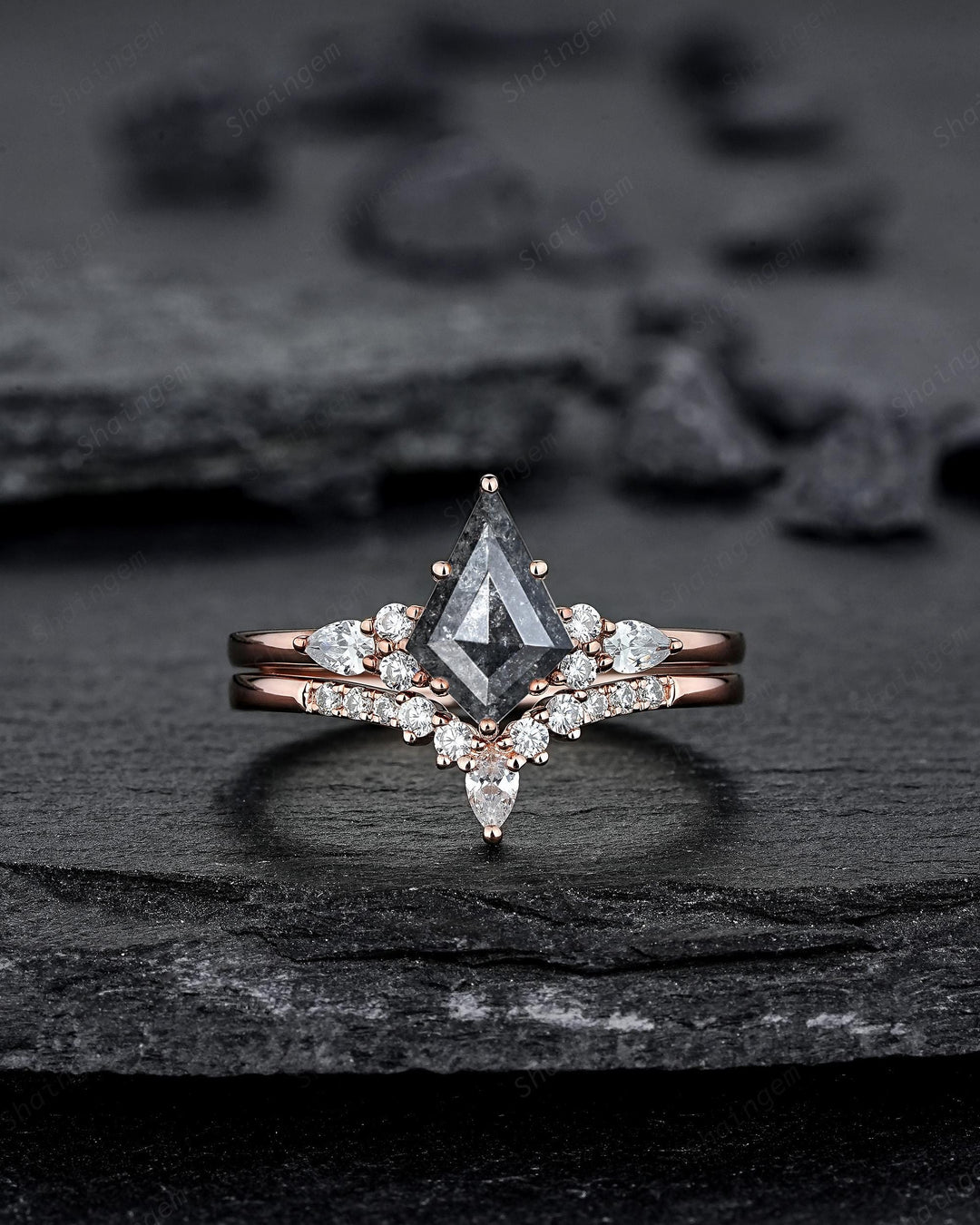 Kite Cut Natural Salt and Pepper Diamond Engagement Ring Set, 18K Rose Gold Black Diamond Promise Ring, Gray Diamond Wedding Ring for Women - ShainJewelry