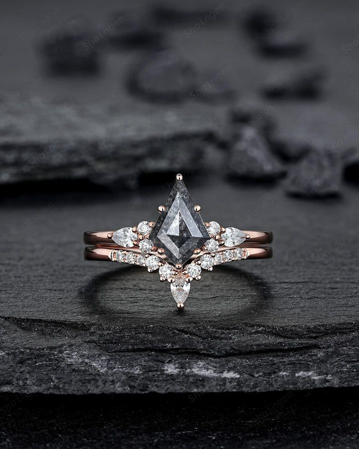 Kite Cut Natural Salt and Pepper Diamond Engagement Ring Set, 18K Rose Gold Black Diamond Promise Ring, Gray Diamond Wedding Ring for Women - ShainJewelry