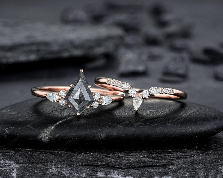 Kite Cut Natural Salt and Pepper Diamond Engagement Ring Set, 18K Rose Gold Black Diamond Promise Ring, Gray Diamond Wedding Ring for Women - ShainJewelry