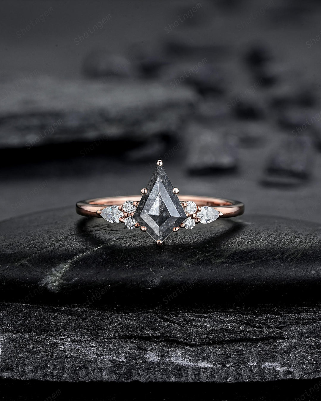 Kite Cut Natural Salt and Pepper Diamond Engagement Ring Set, 18K Rose Gold Black Diamond Promise Ring, Gray Diamond Wedding Ring for Women - ShainJewelry