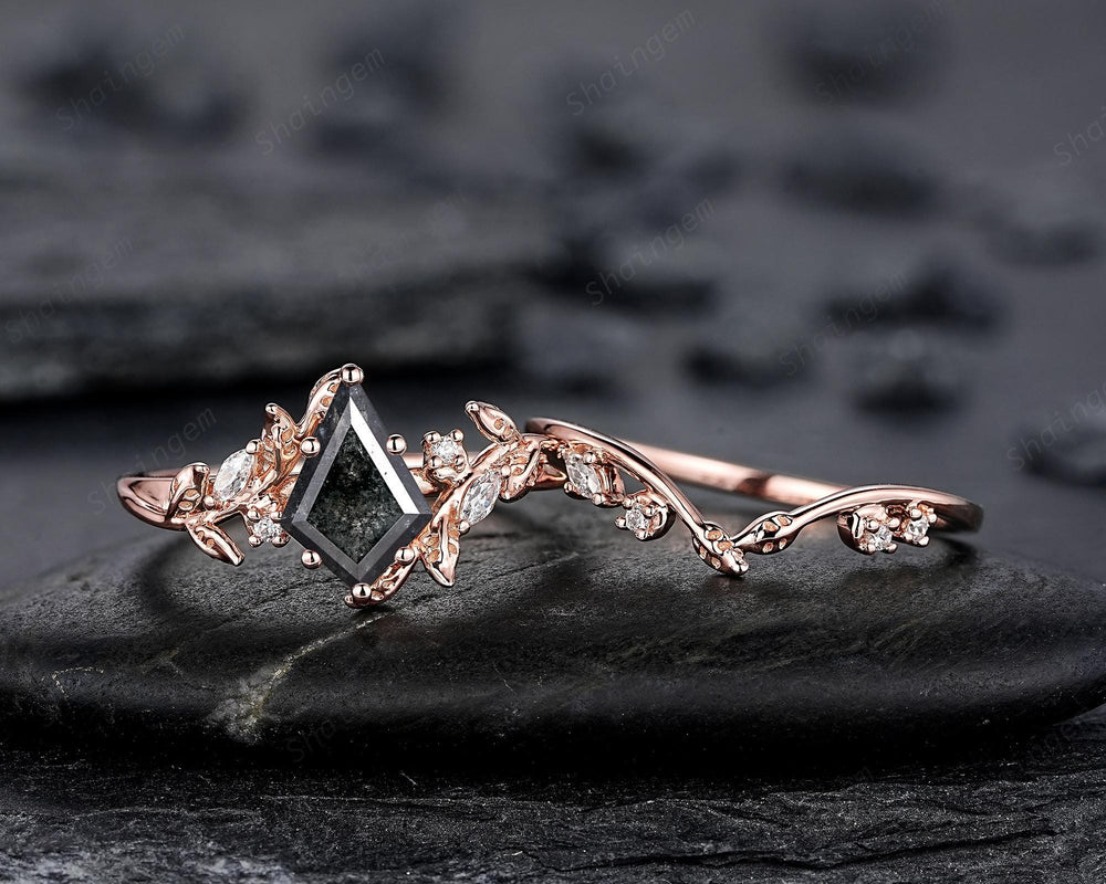 Natural Salt and Pepper Diamond Vine Engagement Ring Set, Rose Gold Kite Cut Natural Black Diamond Twig Promise Ring, Leaf Anniversary Ring - ShainJewelry