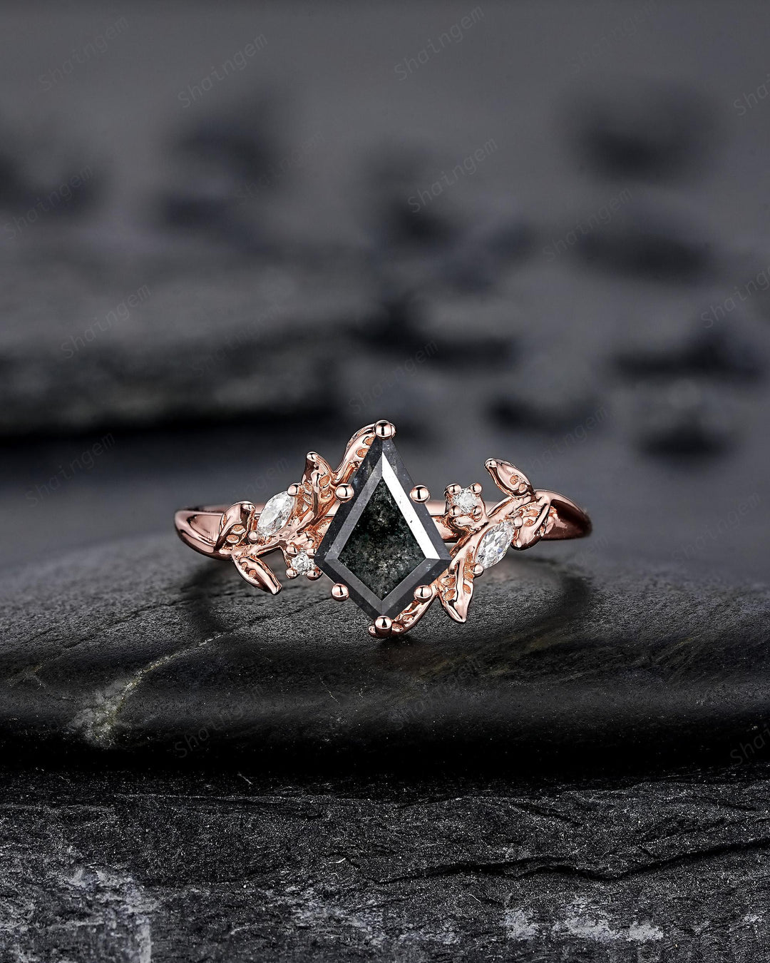 Natural Salt and Pepper Diamond Vine Engagement Ring Set, Rose Gold Kite Cut Natural Black Diamond Twig Promise Ring, Leaf Anniversary Ring - ShainJewelry