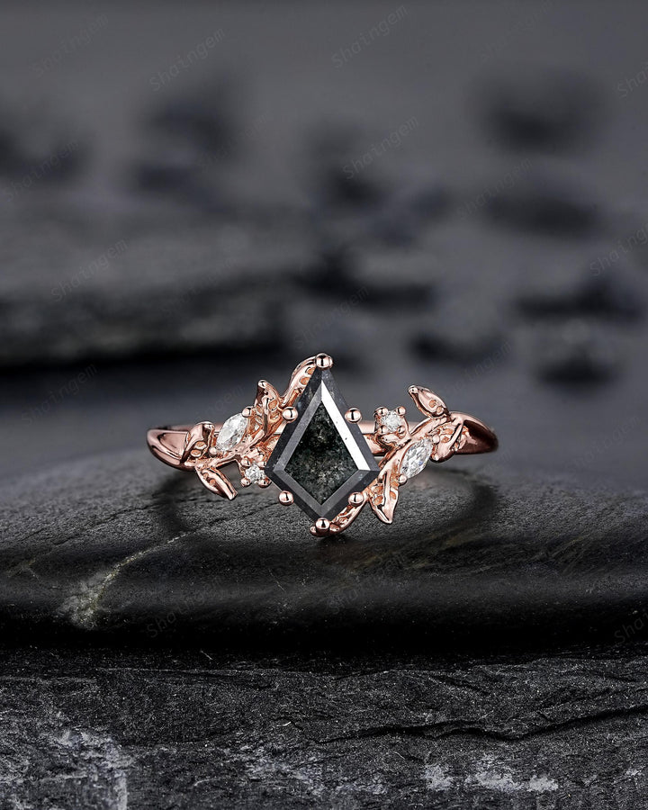 Natural Salt and Pepper Diamond Vine Engagement Ring Set, Rose Gold Kite Cut Natural Black Diamond Twig Promise Ring, Leaf Anniversary Ring - ShainJewelry