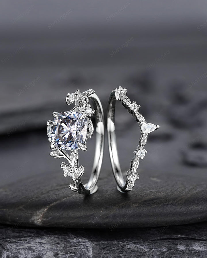 Nature Inspired Cushion Cut Gray Moissanite Leaf Engagement Ring Unique Rose Gold Grey Moissanite Twig Vine Wedding Promise Anniversary Ring - ShainJewelry