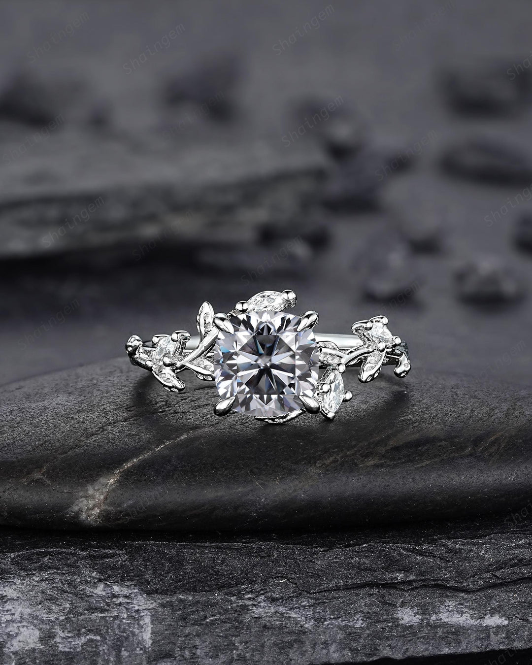 Nature Inspired Cushion Cut Gray Moissanite Leaf Engagement Ring Unique Rose Gold Grey Moissanite Twig Vine Wedding Promise Anniversary Ring - ShainJewelry