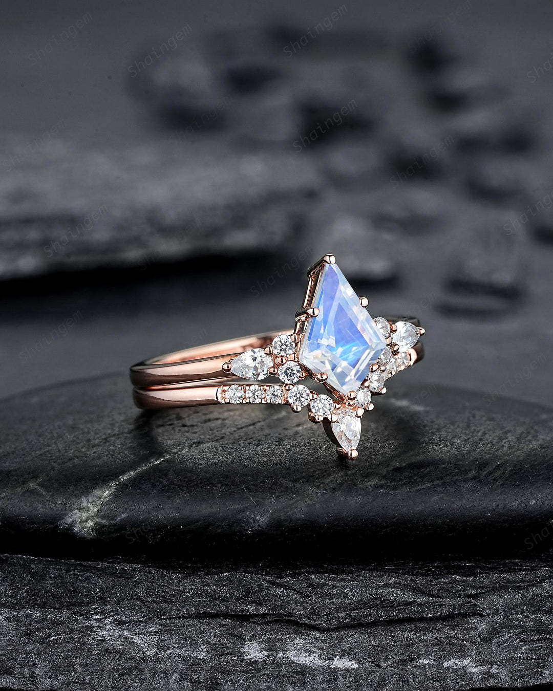 Vintage Kite Cut Moonstone Engagement Ring, Unique Rose Gold Chevron Wedding Set Promise Ring Natural Blue June Birthstone for Women Mom - ShainJewelry