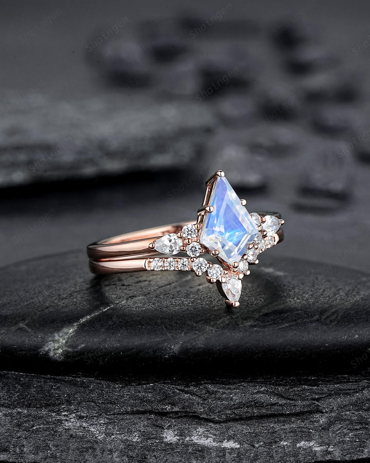 Vintage Kite Cut Moonstone Engagement Ring, Unique Rose Gold Chevron Wedding Set Promise Ring Natural Blue June Birthstone for Women Mom - ShainJewelry